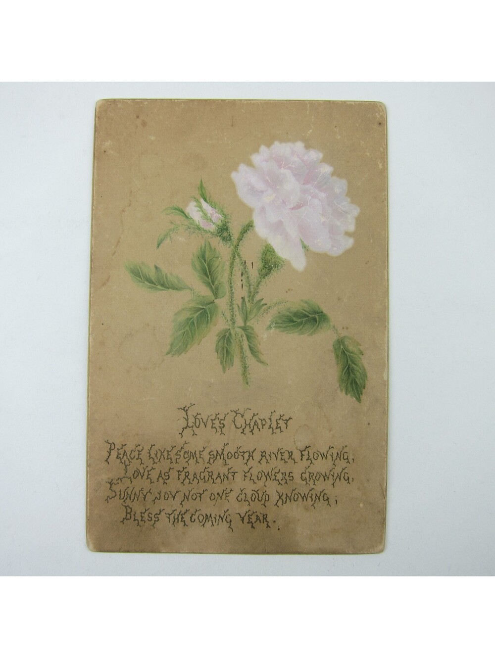 Victorian Greeting Card Peony Flowers Loves Chaplet Poem Bless the Year Antique